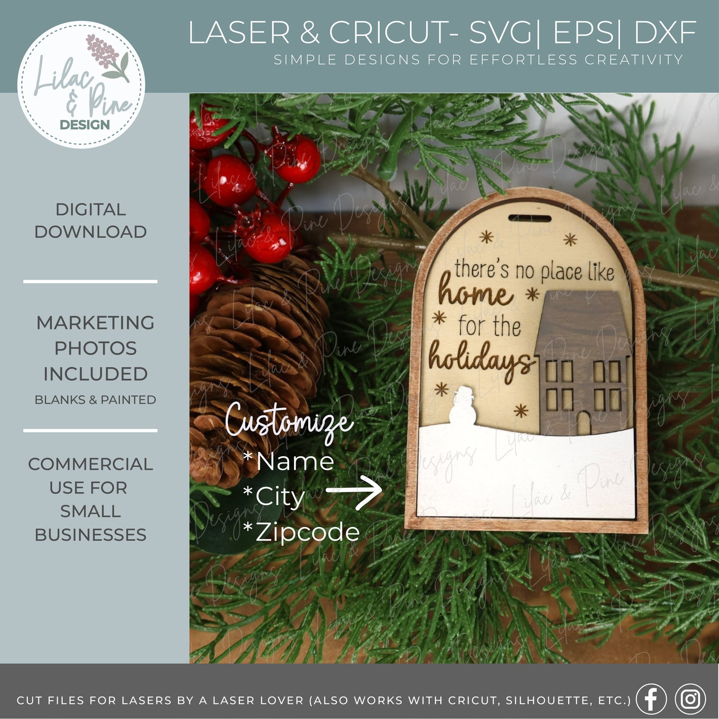 Snowy House Ornament SVG – Home for the Holidays Arch design - customizable ornament - laser cut file