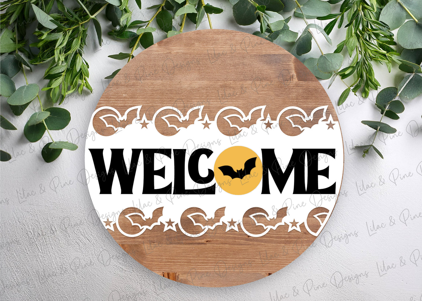 Halloween Bat Border Welcome Sign SVG | Spooky season Round Door Hanger | Laser Cut File | Full Moon Layered SVG