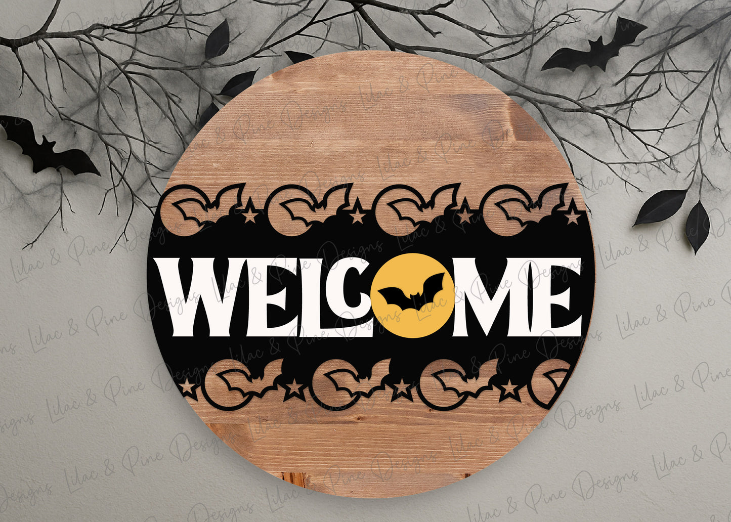 Halloween Bat Border Welcome Sign SVG | Spooky season Round Door Hanger | Laser Cut File | Full Moon Layered SVG
