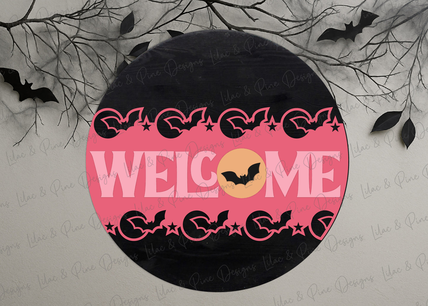 Halloween Bat Border Welcome Sign SVG | Spooky season Round Door Hanger | Laser Cut File | Full Moon Layered SVG