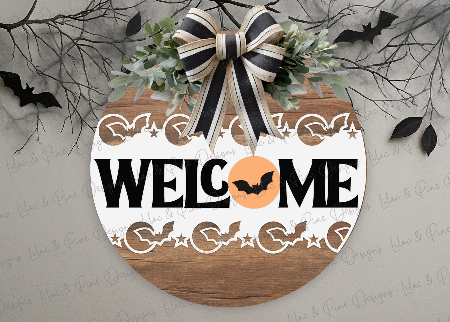 Halloween Bat Border Welcome Sign SVG | Spooky season Round Door Hanger | Laser Cut File | Full Moon Layered SVG