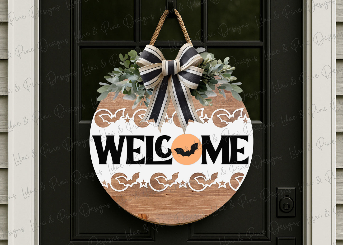 Halloween Bat Border Welcome Sign SVG | Spooky season Round Door Hanger | Laser Cut File | Full Moon Layered SVG