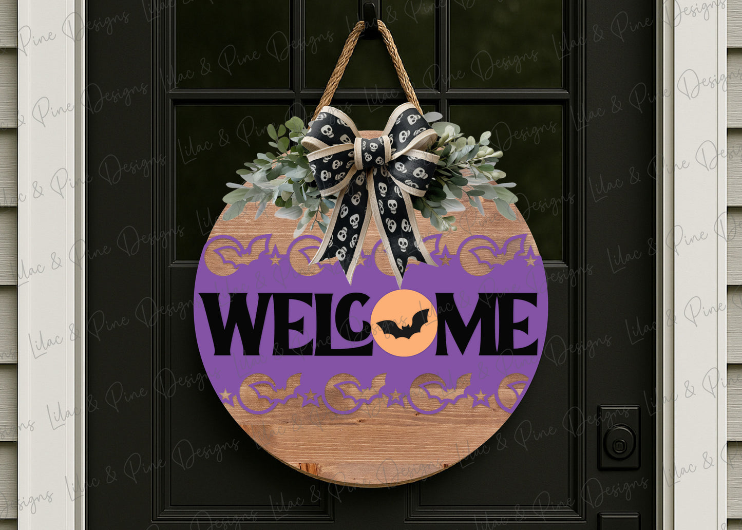 Halloween Bat Border Welcome Sign SVG | Spooky season Round Door Hanger | Laser Cut File | Full Moon Layered SVG