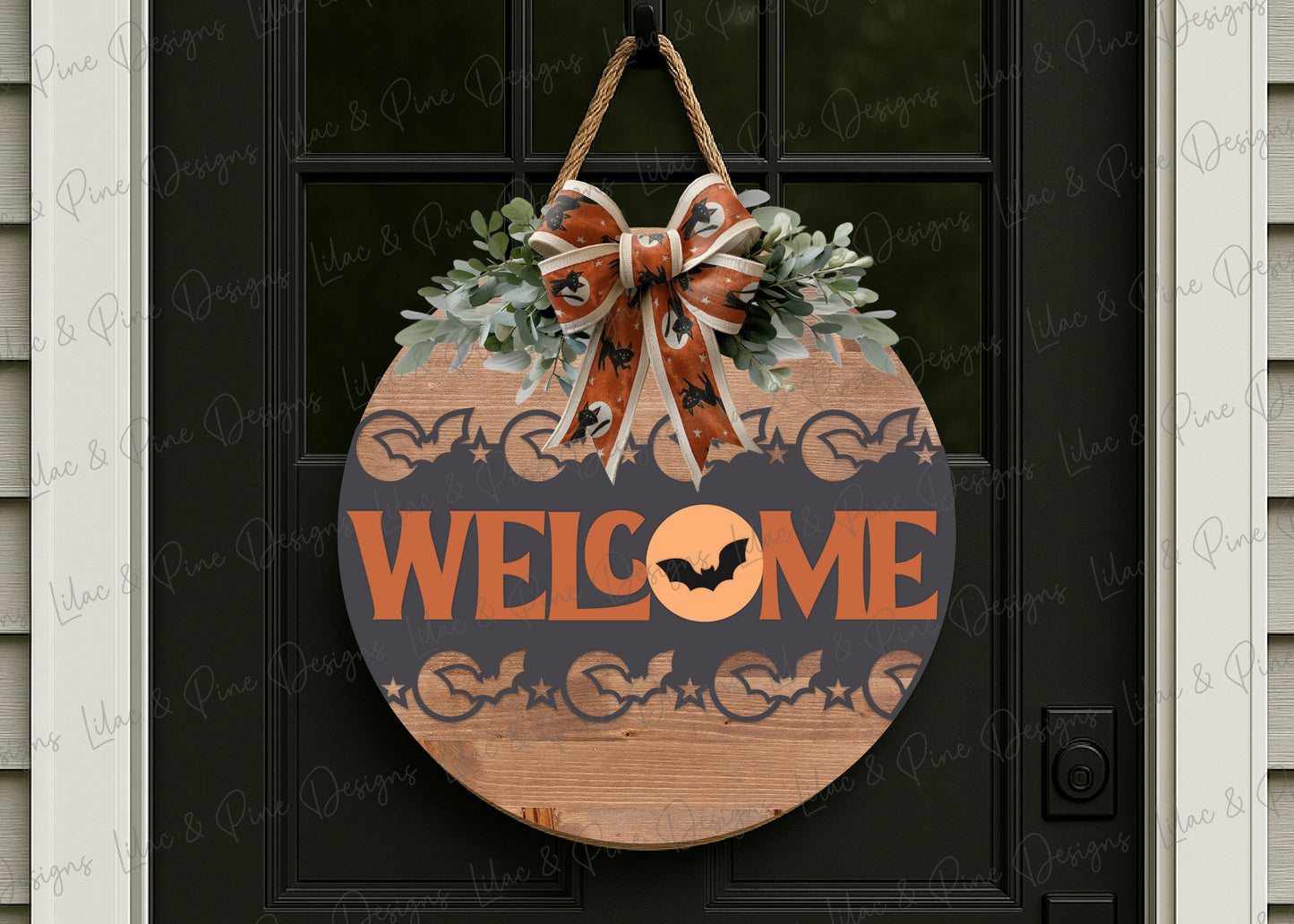 Halloween Bat Border Welcome Sign SVG | Spooky season Round Door Hanger | Laser Cut File | Full Moon Layered SVG