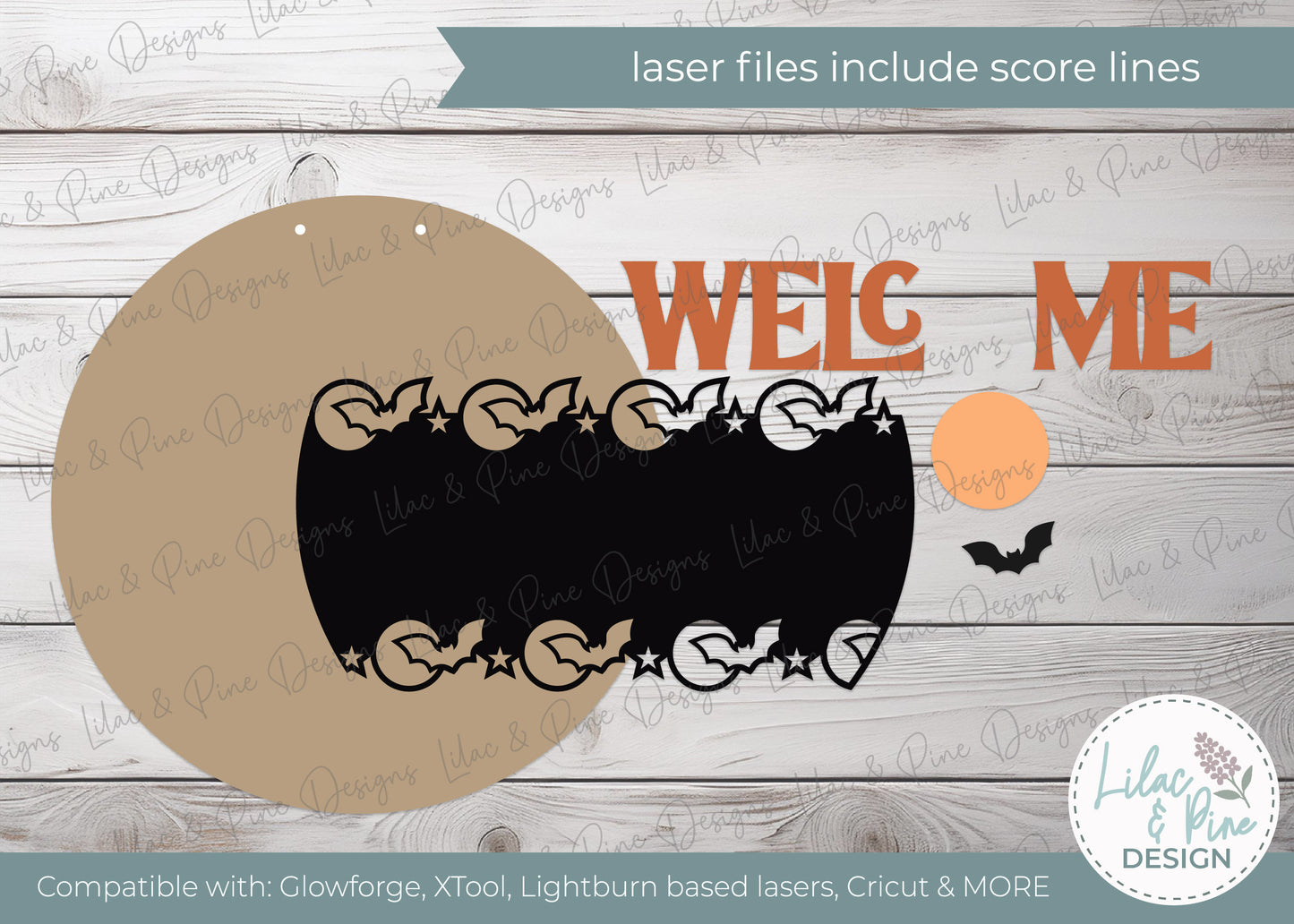 Halloween Bat Border Welcome Sign SVG | Spooky season Round Door Hanger | Laser Cut File | Full Moon Layered SVG