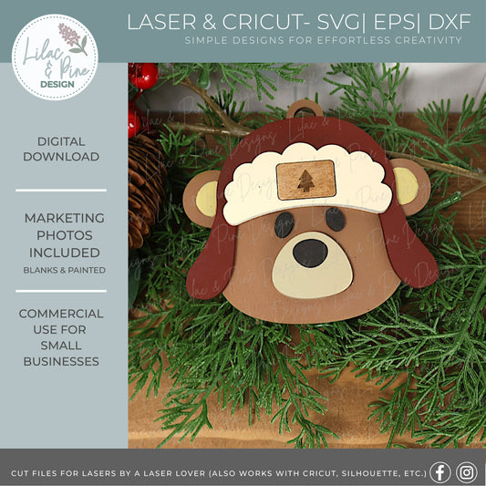 Bear Christmas Ornament SVG – “Beary Merry Christmas” - Trapper Hat with patch laser cut file