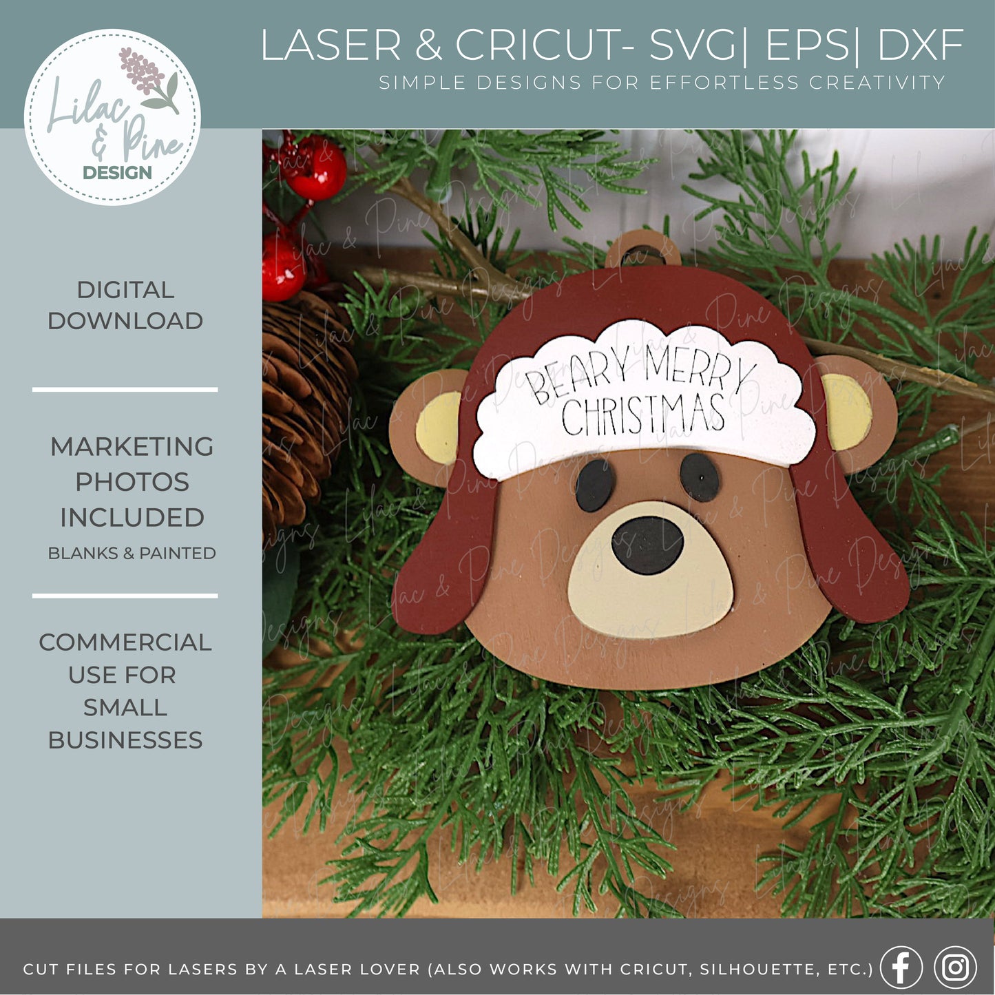 Bear Christmas Ornament SVG – “Beary Merry Christmas” - Trapper Hat with patch laser cut file