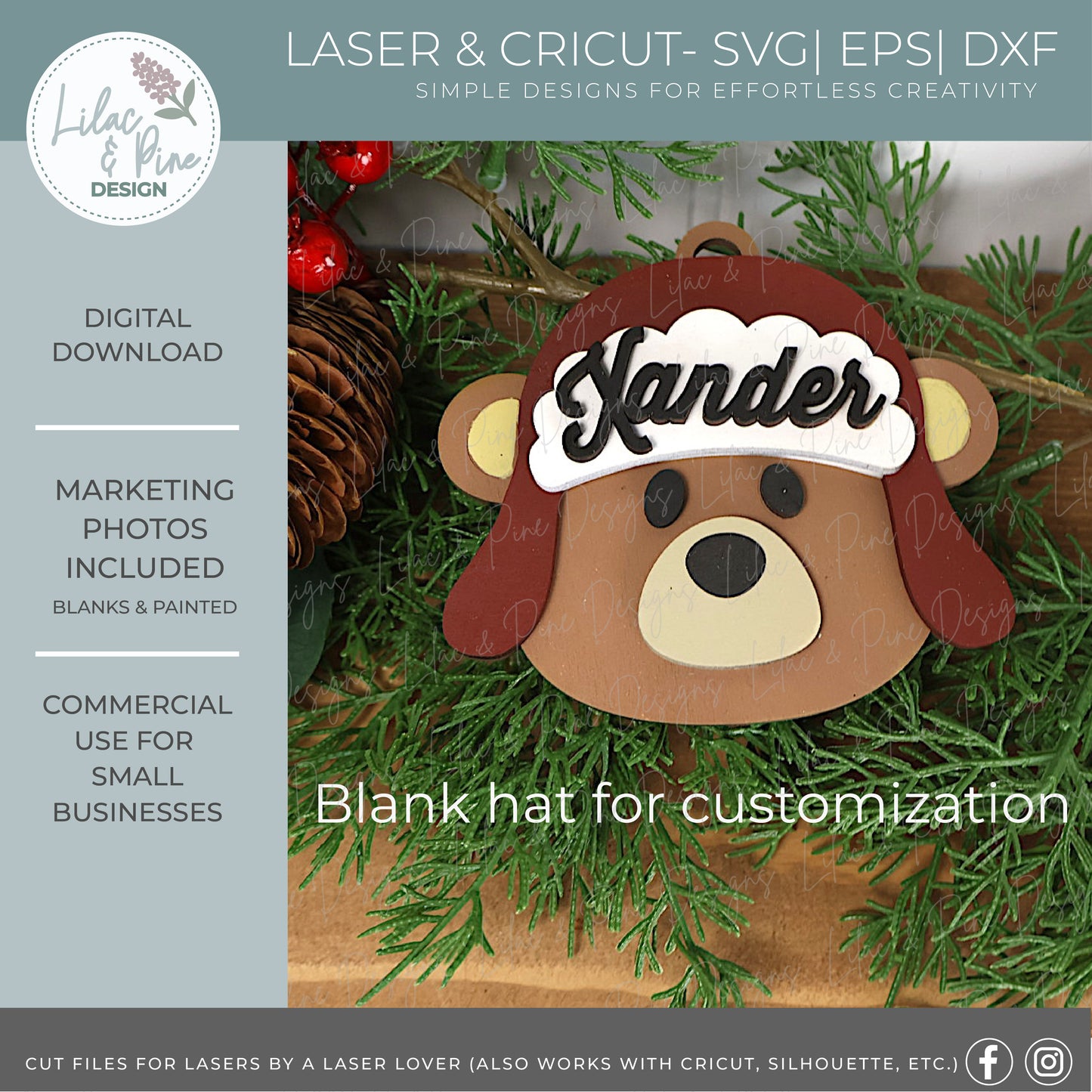 Bear Christmas Ornament SVG – “Beary Merry Christmas” - Trapper Hat with patch laser cut file