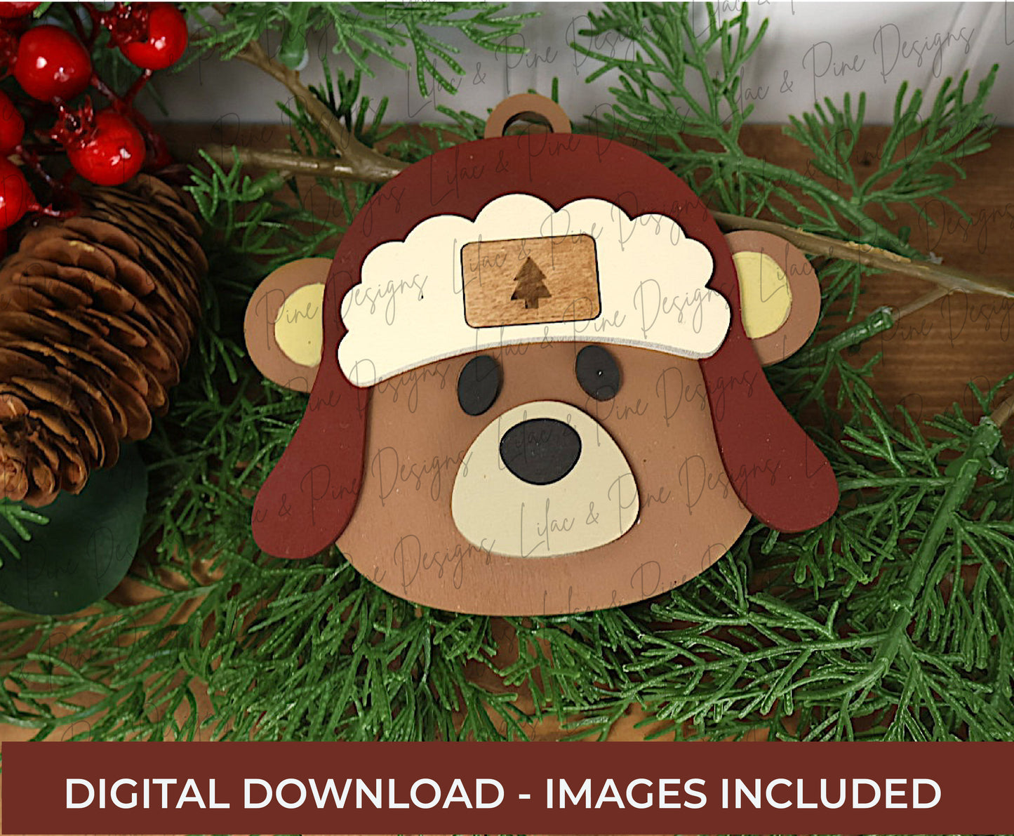Bear Christmas Ornament SVG – “Beary Merry Christmas” - Trapper Hat with patch laser cut file