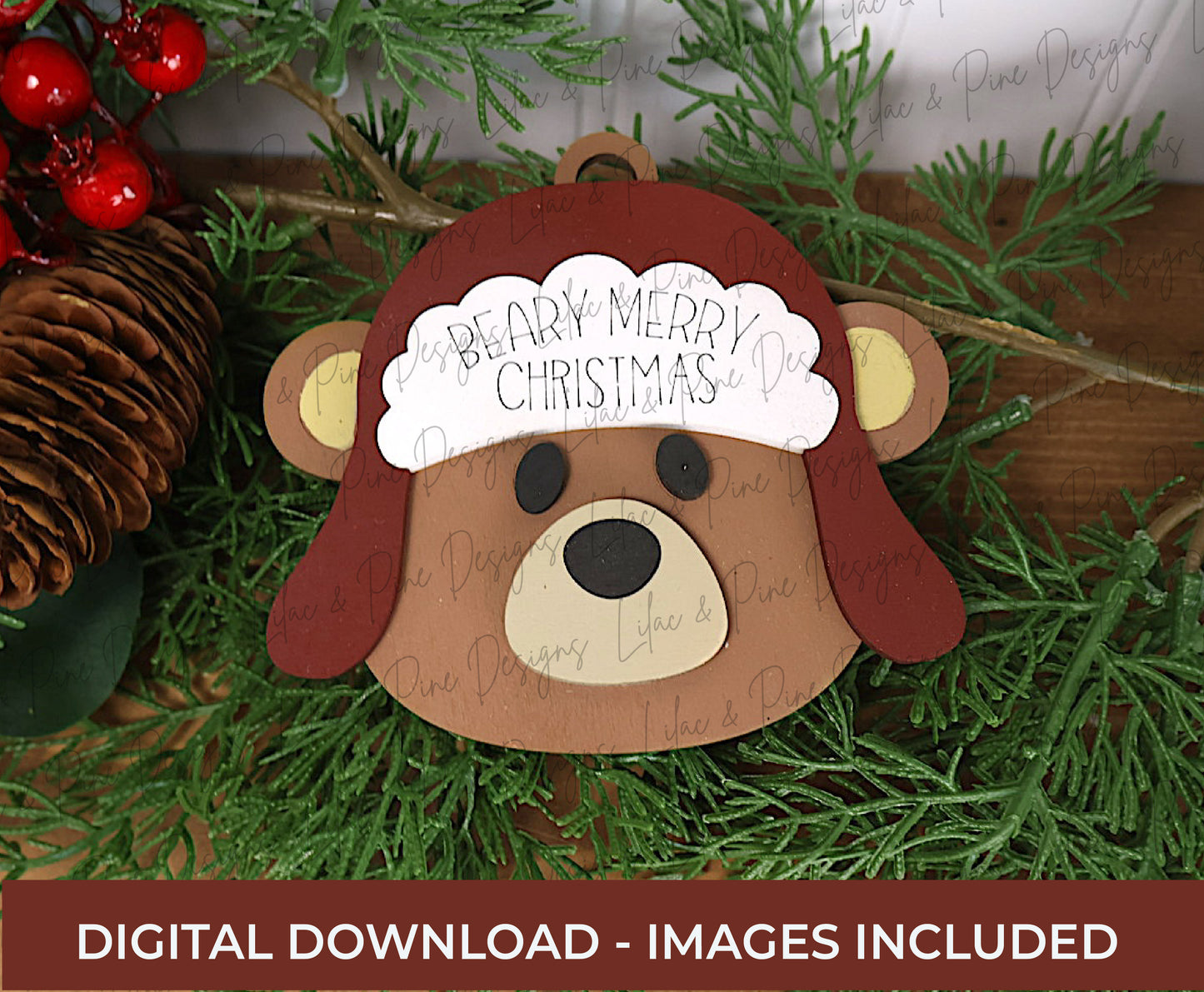 Bear Christmas Ornament SVG – “Beary Merry Christmas” - Trapper Hat with patch laser cut file