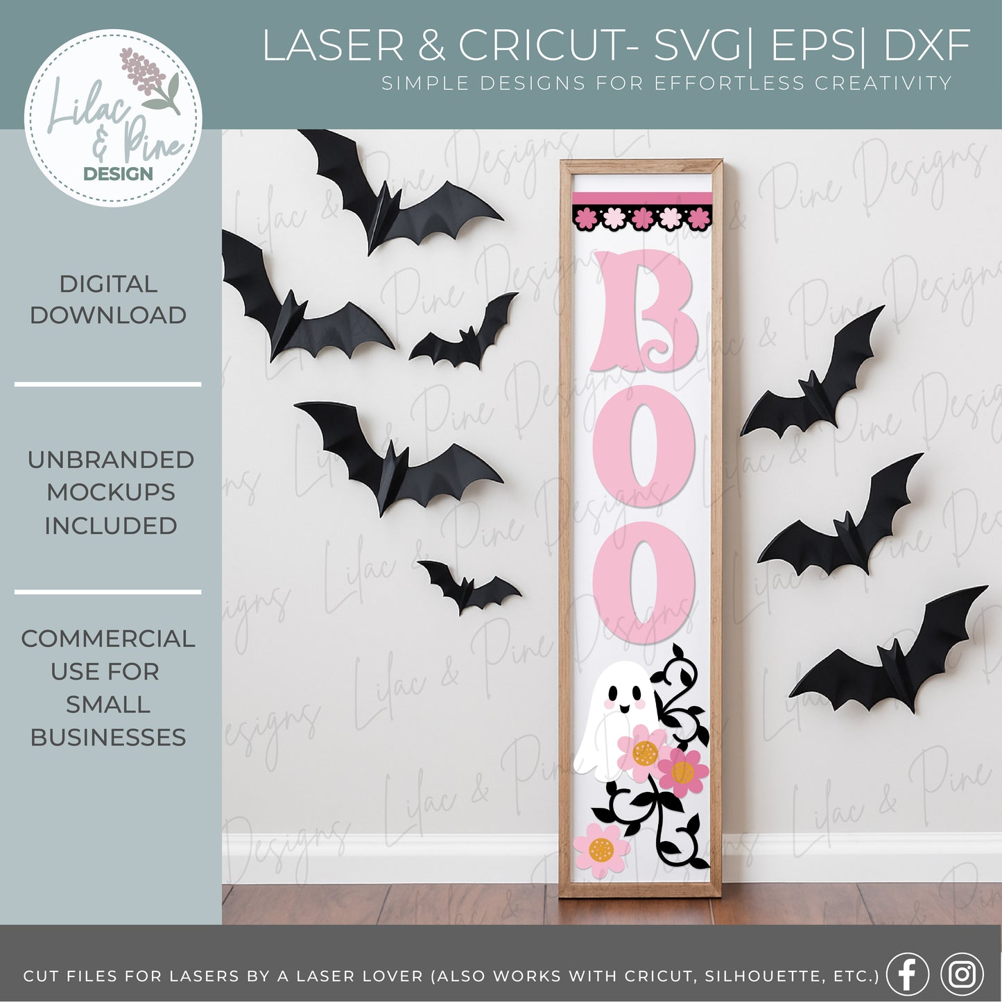 Boo Halloween Porch Leaner SVG - Cute Floral Ghost vertical sign - Cricut SVG - laser cut file: Glowforge, xTool, Lightburn