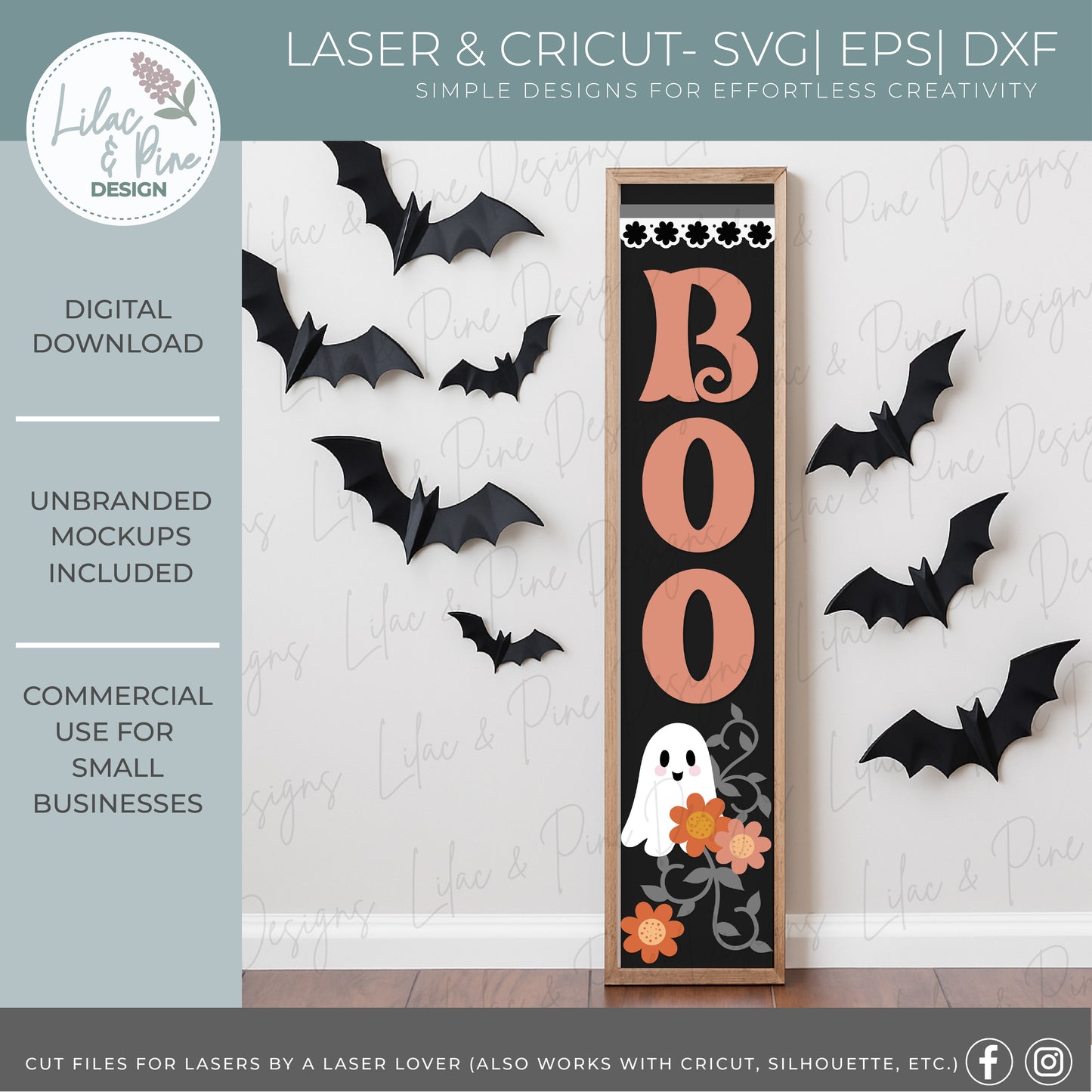 Boo Halloween Porch Leaner SVG - Cute Floral Ghost vertical sign - Cricut SVG - laser cut file: Glowforge, xTool, Lightburn