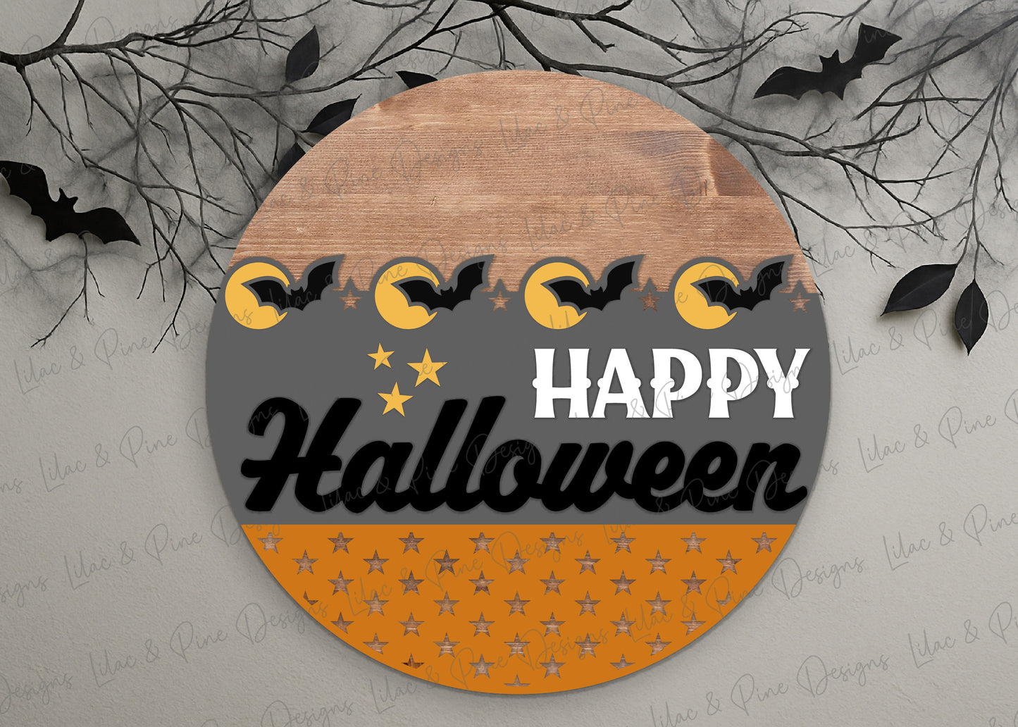 Happy Halloween Bat Moon Round Sign SVG – Laser Cut File - Spooky Season door hanger - Cricut Compatible
