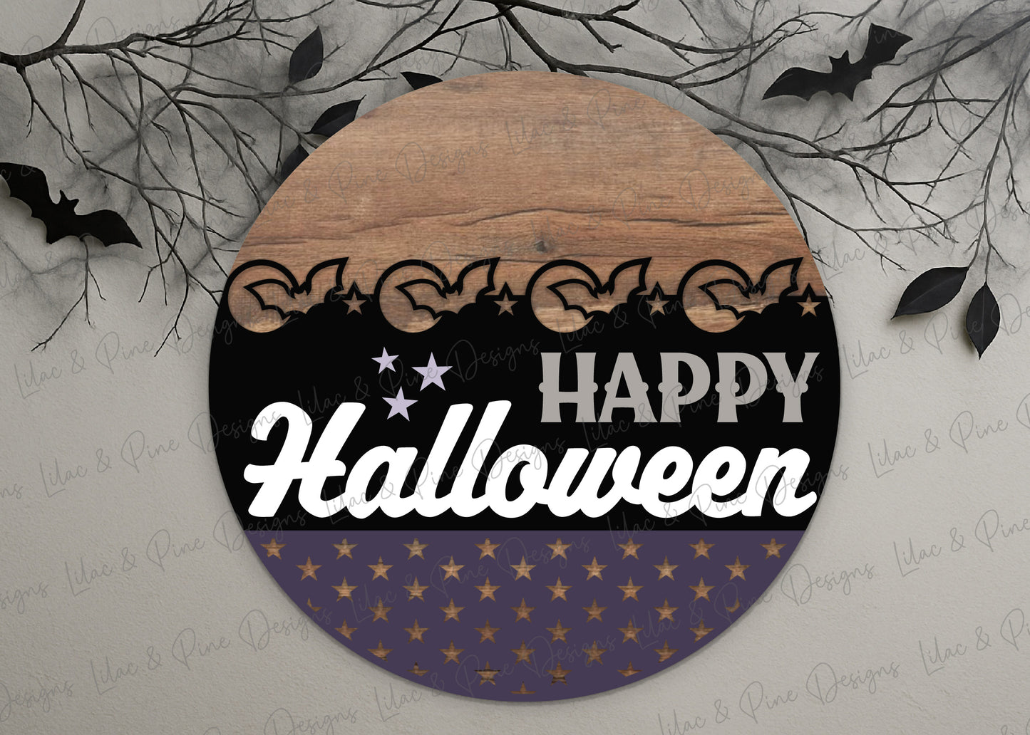 Happy Halloween Bat Moon Round Sign SVG – Laser Cut File - Spooky Season door hanger - Cricut Compatible