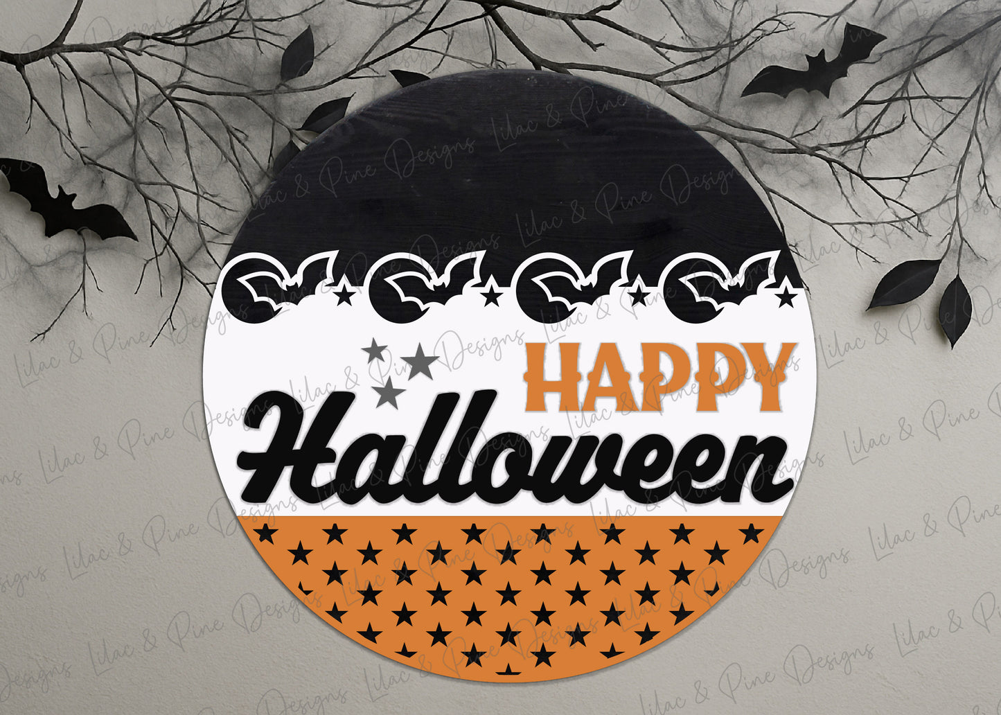 Happy Halloween Bat Moon Round Sign SVG – Laser Cut File - Spooky Season door hanger - Cricut Compatible