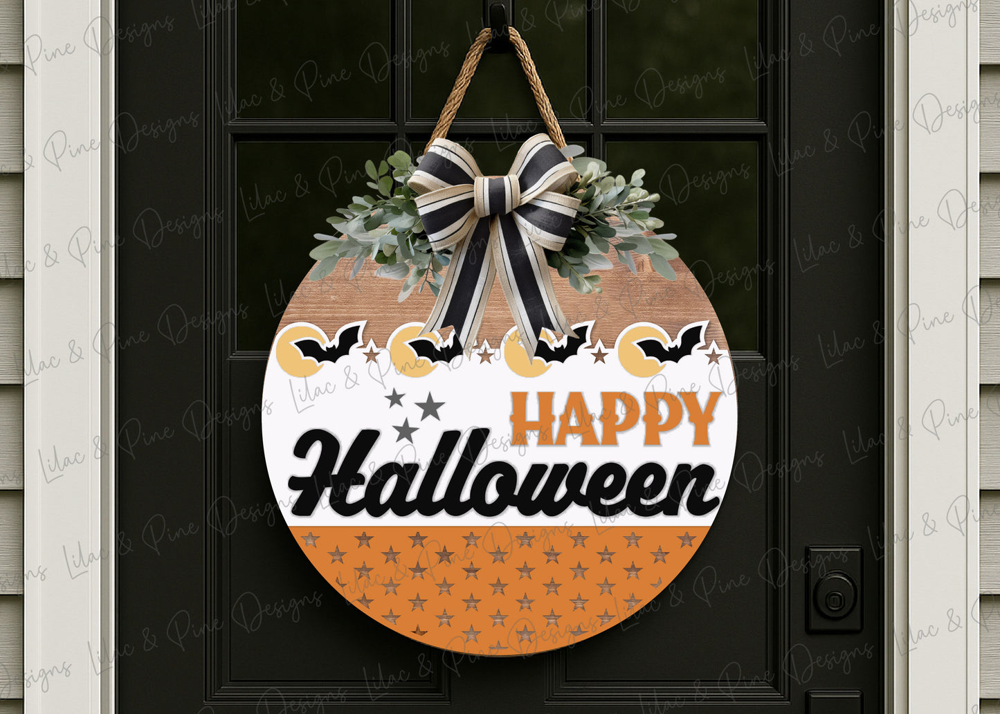 Happy Halloween Bat Moon Round Sign SVG – Laser Cut File - Spooky Season door hanger - Cricut Compatible