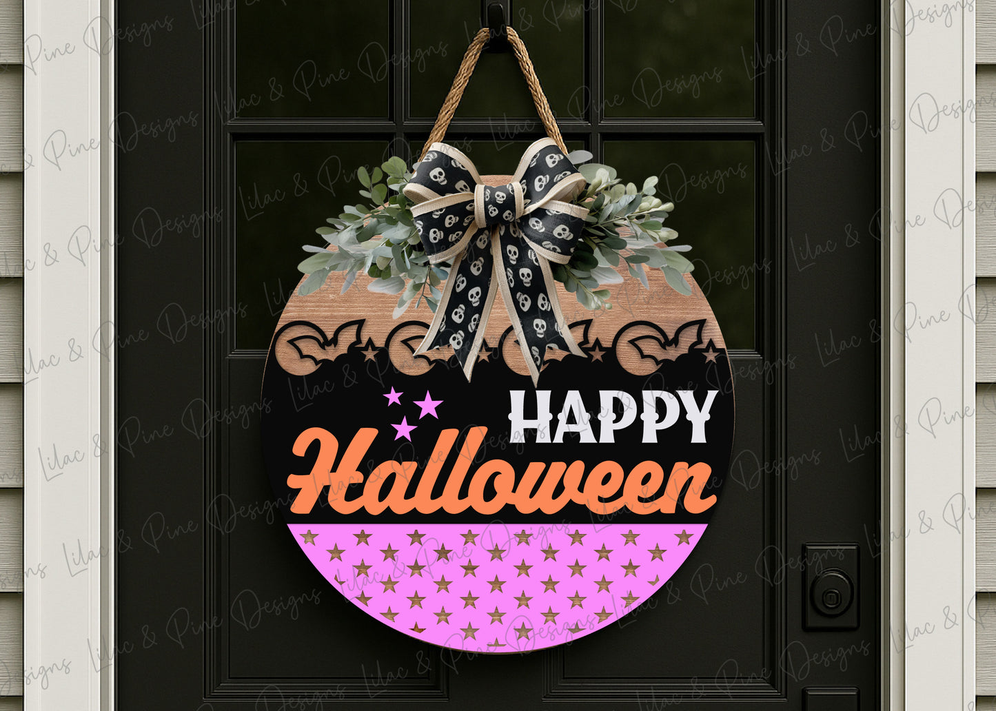 Happy Halloween Bat Moon Round Sign SVG – Laser Cut File - Spooky Season door hanger - Cricut Compatible