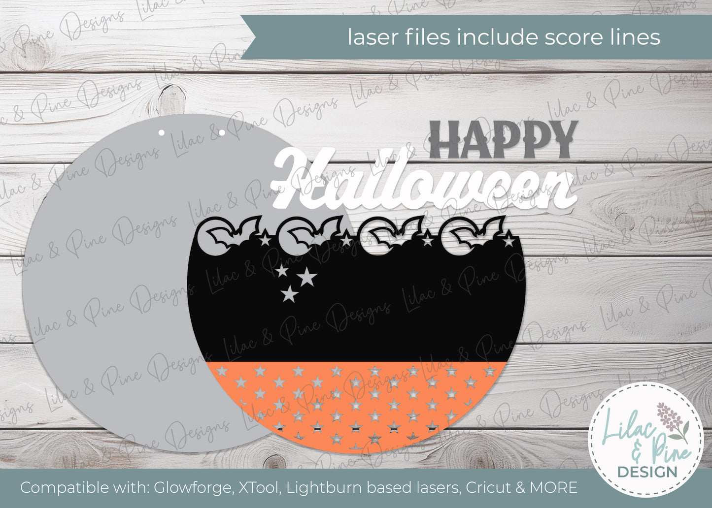 Happy Halloween Bat Moon Round Sign SVG – Laser Cut File - Spooky Season door hanger - Cricut Compatible