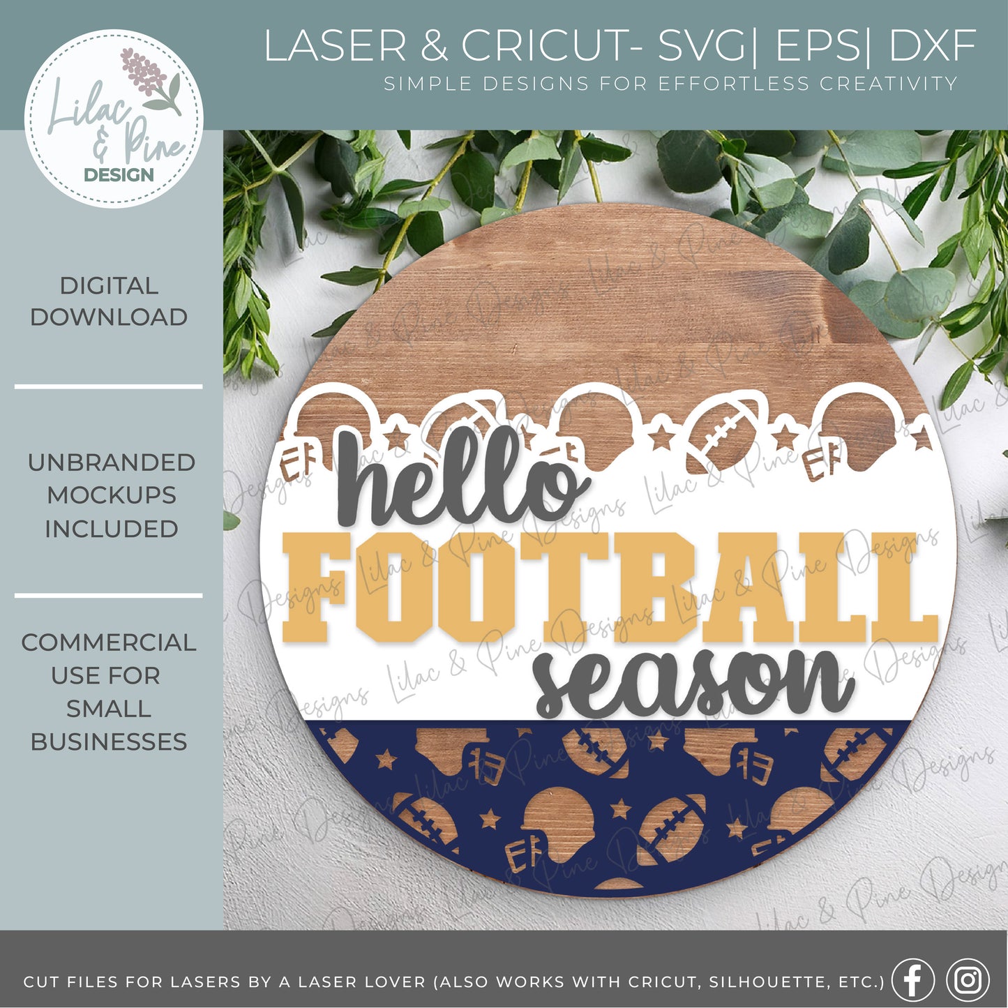 Hello Football season door hanger SVG - Football Fan welcome sign - Cricut SVG - layered round sign with patterned bottom - laser cut file: xTool, Glowforge, Lightburn