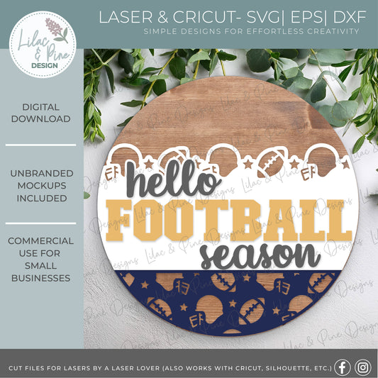 Hello Football season door hanger SVG - Football Fan welcome sign - Cricut SVG - layered round sign with patterned bottom - laser cut file: xTool, Glowforge, Lightburn