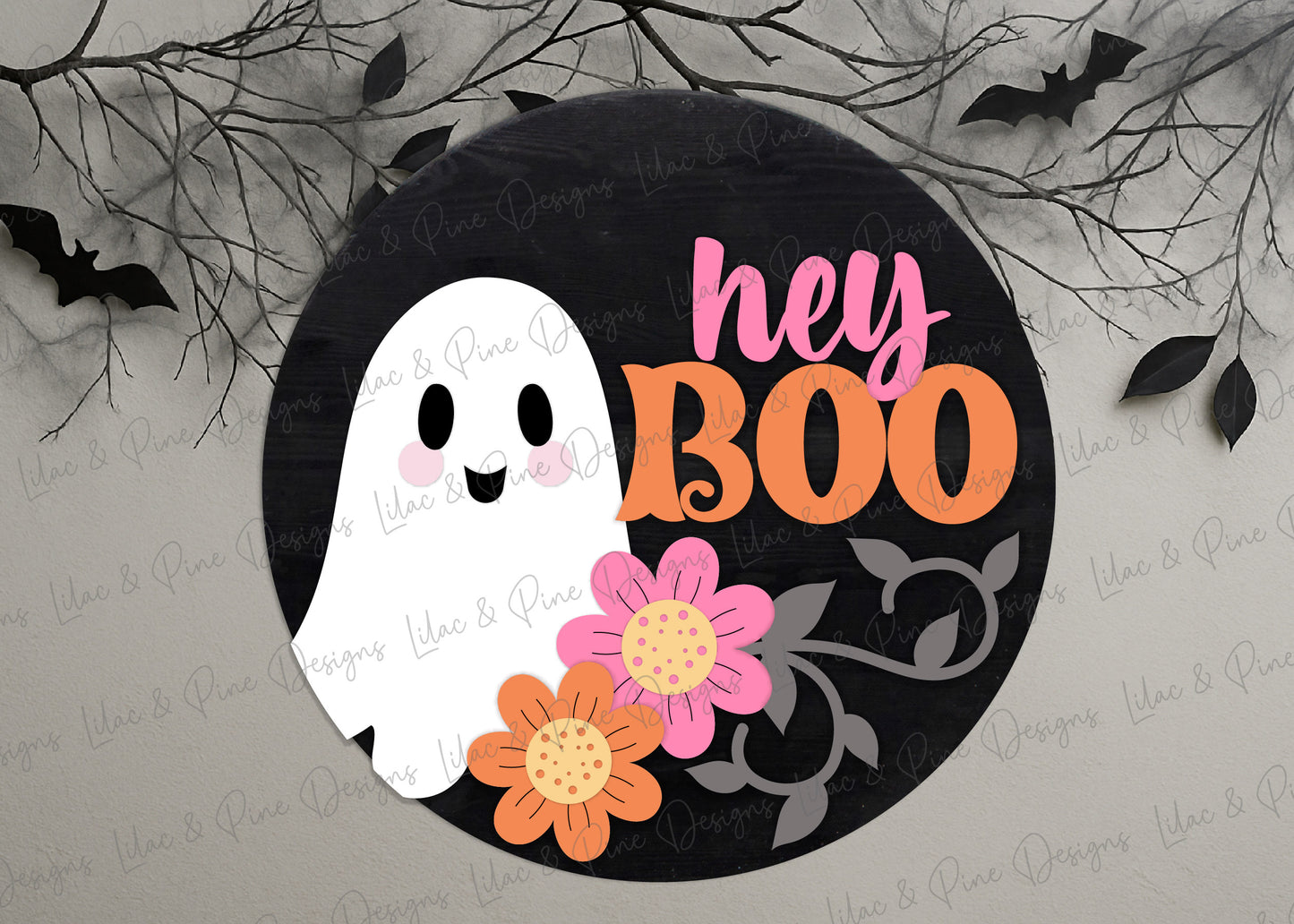 Hey Boo Ghost Round SVG | Halloween Floral Door Hanger Laser Cut File | Cute Halloween Sign SVG