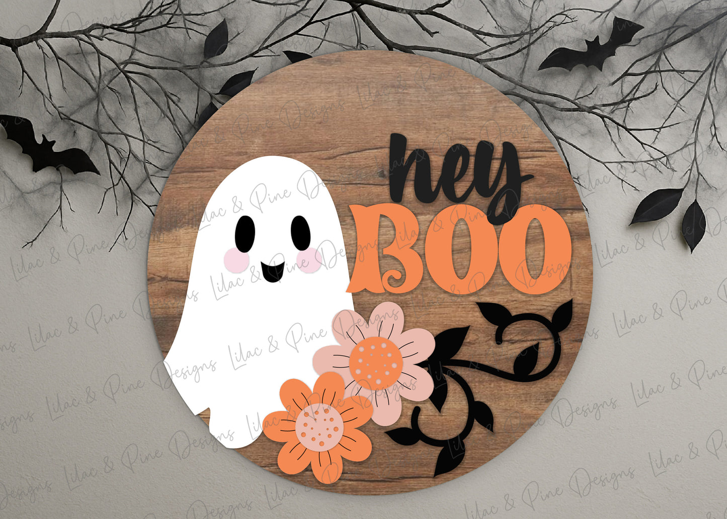 Hey Boo Ghost Round SVG | Halloween Floral Door Hanger Laser Cut File | Cute Halloween Sign SVG