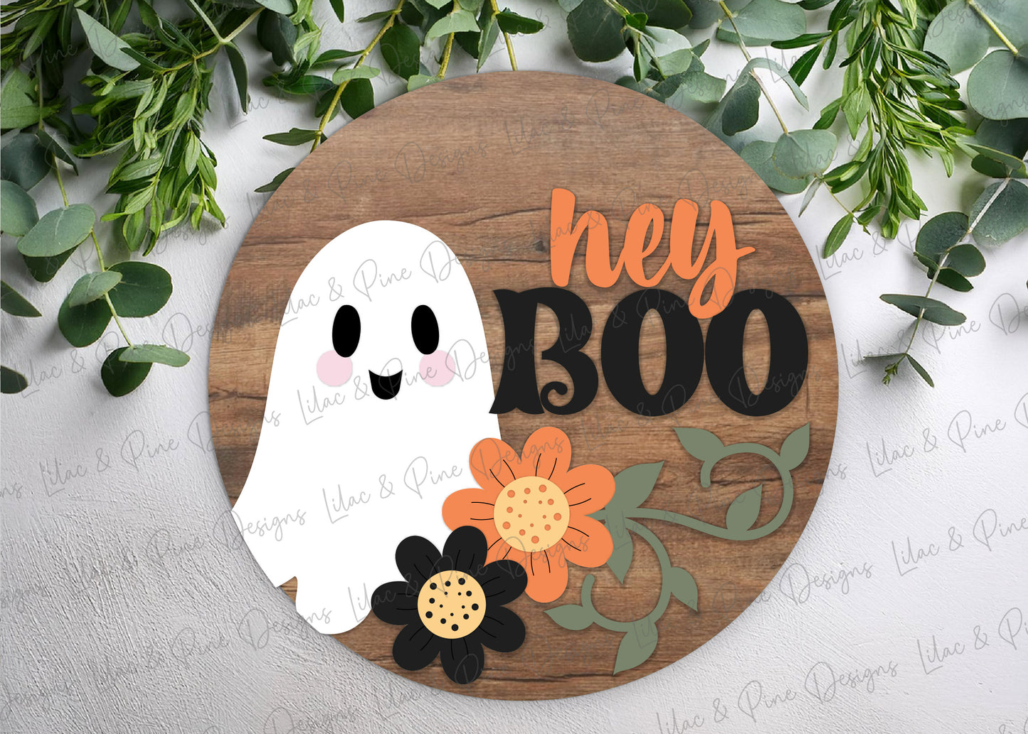 Hey Boo Ghost Round SVG | Halloween Floral Door Hanger Laser Cut File | Cute Halloween Sign SVG