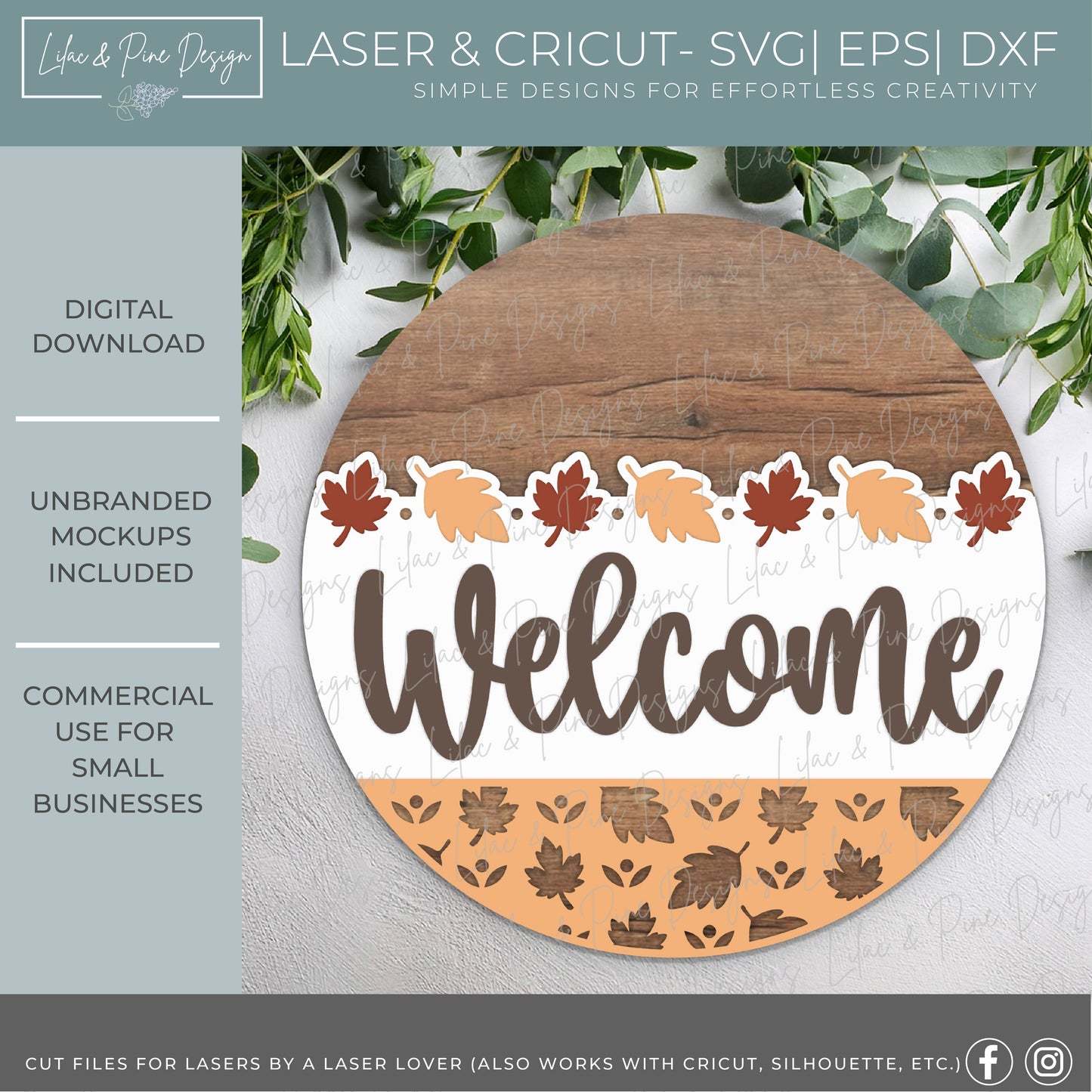 Fall leaf welcome sign SVG - autumn leaves door hanger SVG - laser cut file for fall decor - fall porch decor SVG - Cricut SVG