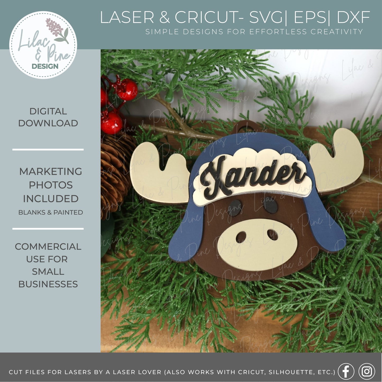 Moose Christmas Ornament SVG – “Merry Christmoose” with Trapper Hat & Name Plate - Christmas laser cut file