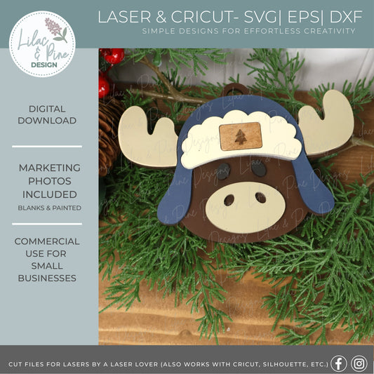 Moose Christmas Ornament SVG – “Merry Christmoose” with Trapper Hat & Name Plate - Christmas laser cut file