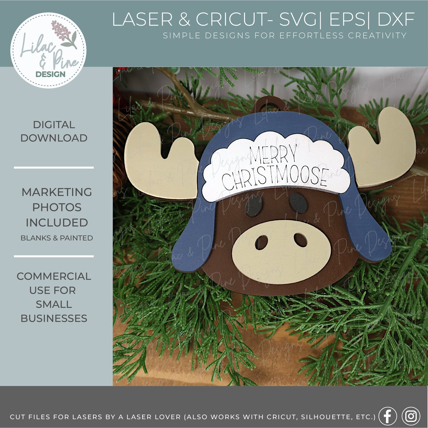Moose Christmas Ornament SVG – “Merry Christmoose” with Trapper Hat & Name Plate - Christmas laser cut file