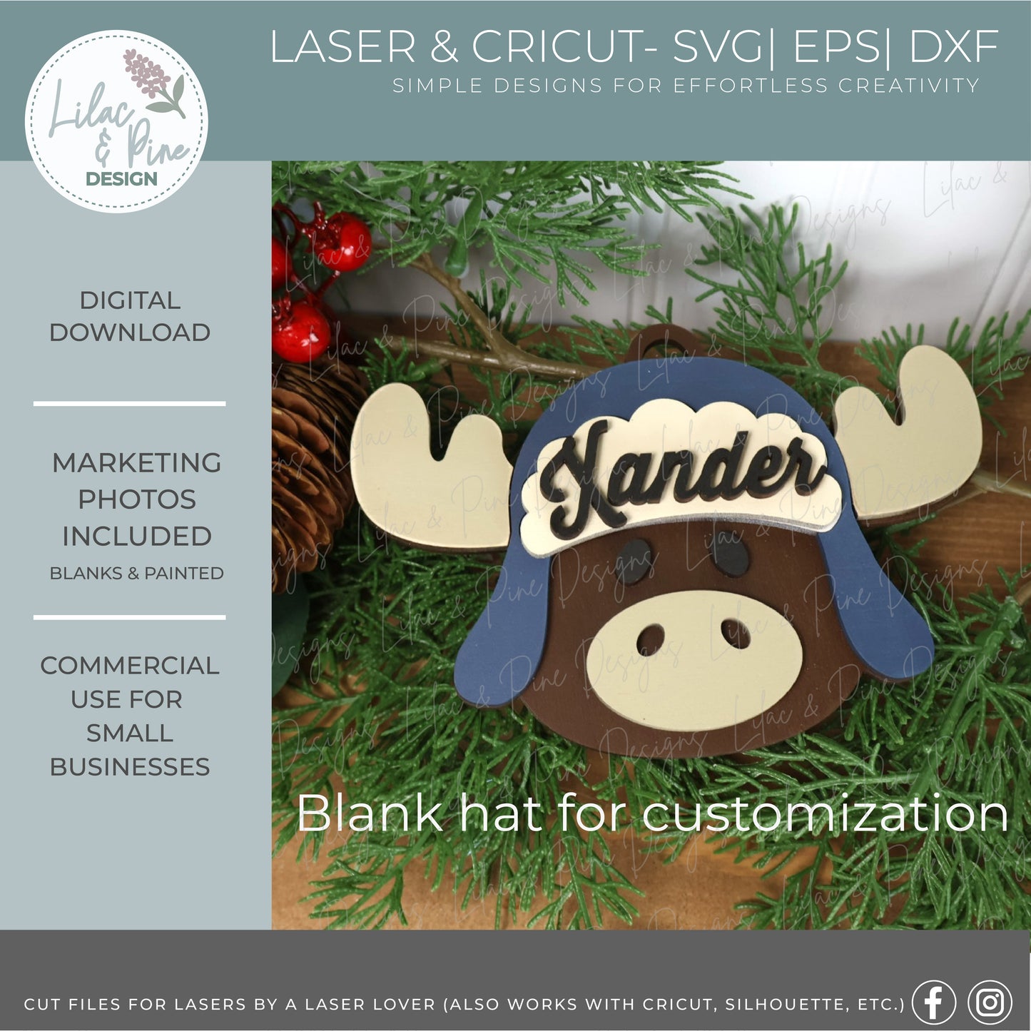 Moose Christmas Ornament SVG – “Merry Christmoose” with Trapper Hat & Name Plate - Christmas laser cut file