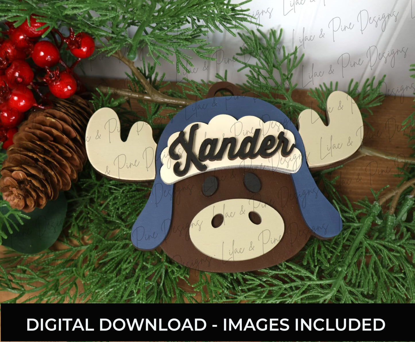Moose Christmas Ornament SVG – “Merry Christmoose” with Trapper Hat & Name Plate - Christmas laser cut file