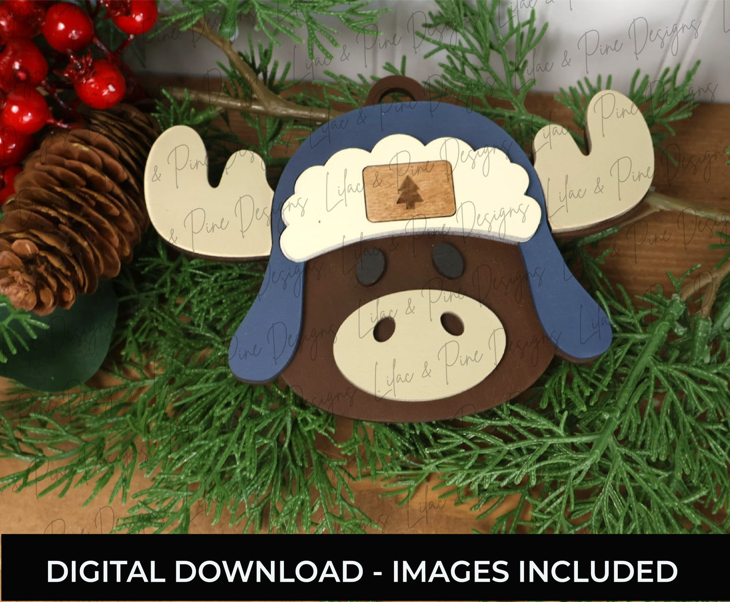 Moose Christmas Ornament SVG – “Merry Christmoose” with Trapper Hat & Name Plate - Christmas laser cut file