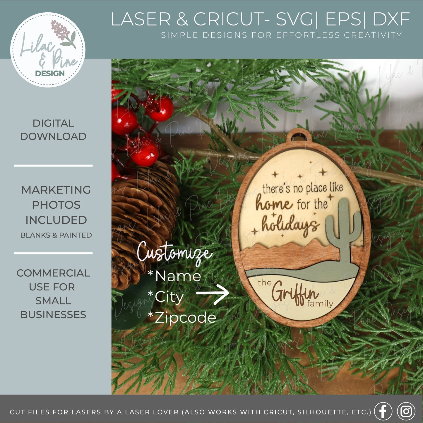 Desert Cactus Christmas Ornament SVG – Home for the Holidays laser cut file - Modern Oval design SVG - Customizable Ornament