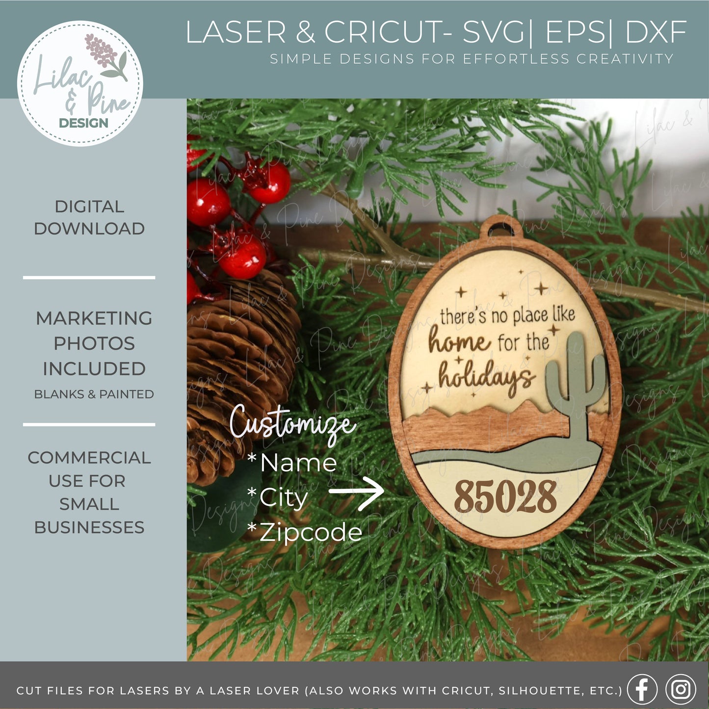 Desert Cactus Christmas Ornament Bundle SVG – Home for the Holidays laser cut file set - Modern Oval design SVG - Customizable Ornament (Copy)