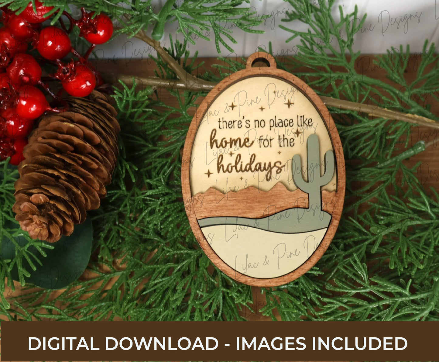 Desert Cactus Christmas Ornament SVG – Home for the Holidays laser cut file - Modern Oval design SVG - Customizable Ornament