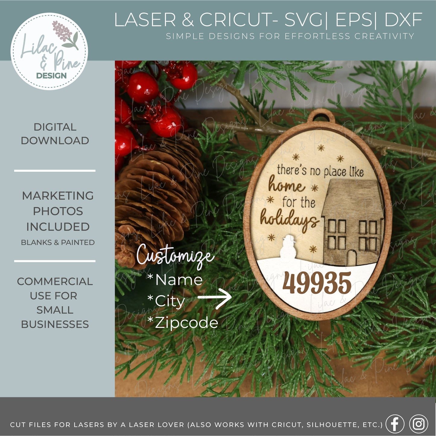 Snowy House Ornament bundle SVG – Home for the Holidays Christmas design - oval, scalloped oval and arch customizable ornaments - laser cut file for personalization