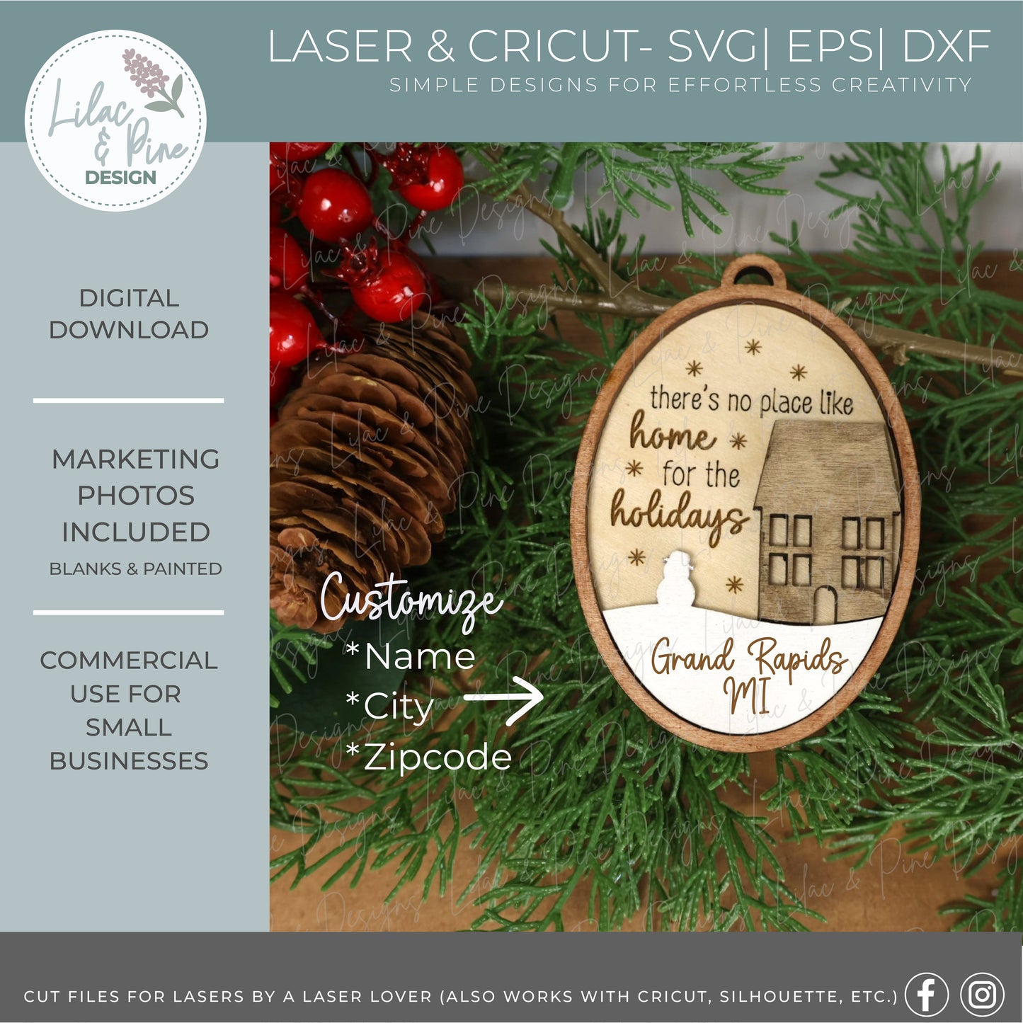 Snowy House Ornament SVG – Home for the Holidays oval design - customizable ornament - laser cut file for personalization