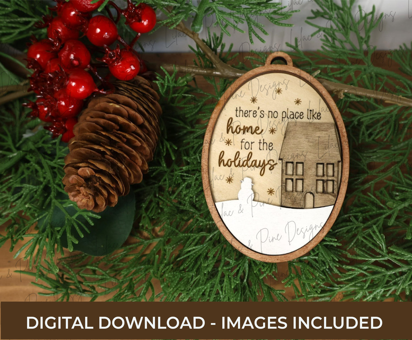 Snowy House Ornament SVG – Home for the Holidays oval design - customizable ornament - laser cut file for personalization