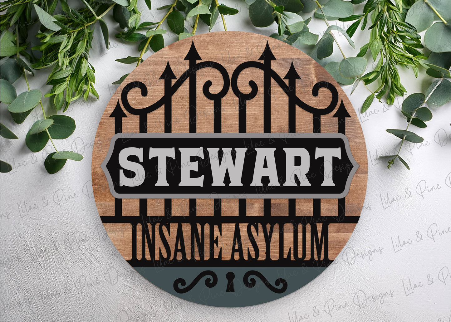 Personalized Halloween Asylum Sign SVG | Creepy Haunted House Round Door Hanger Laser Cut File | Family Name Custom SVG