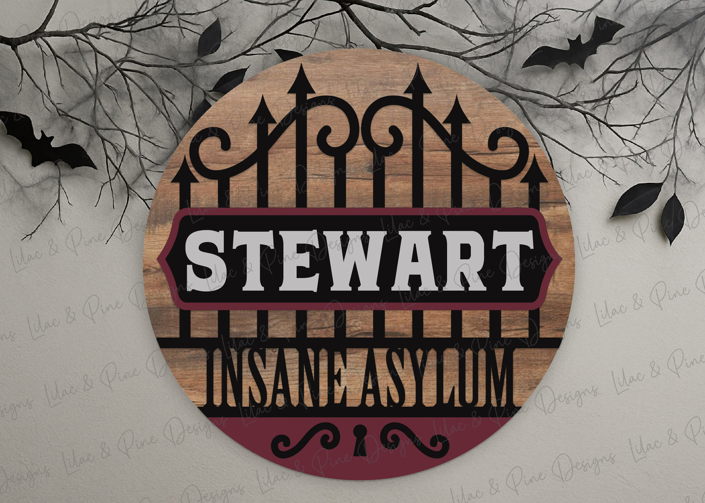 Personalized Halloween Asylum Sign SVG | Creepy Haunted House Round Door Hanger Laser Cut File | Family Name Custom SVG