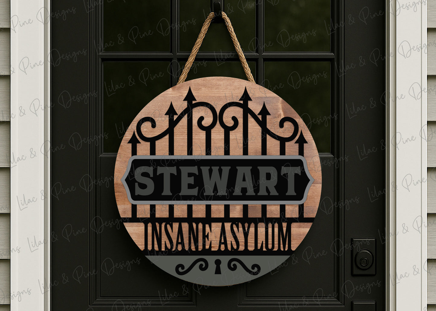 Personalized Halloween Asylum Sign SVG | Creepy Haunted House Round Door Hanger Laser Cut File | Family Name Custom SVG