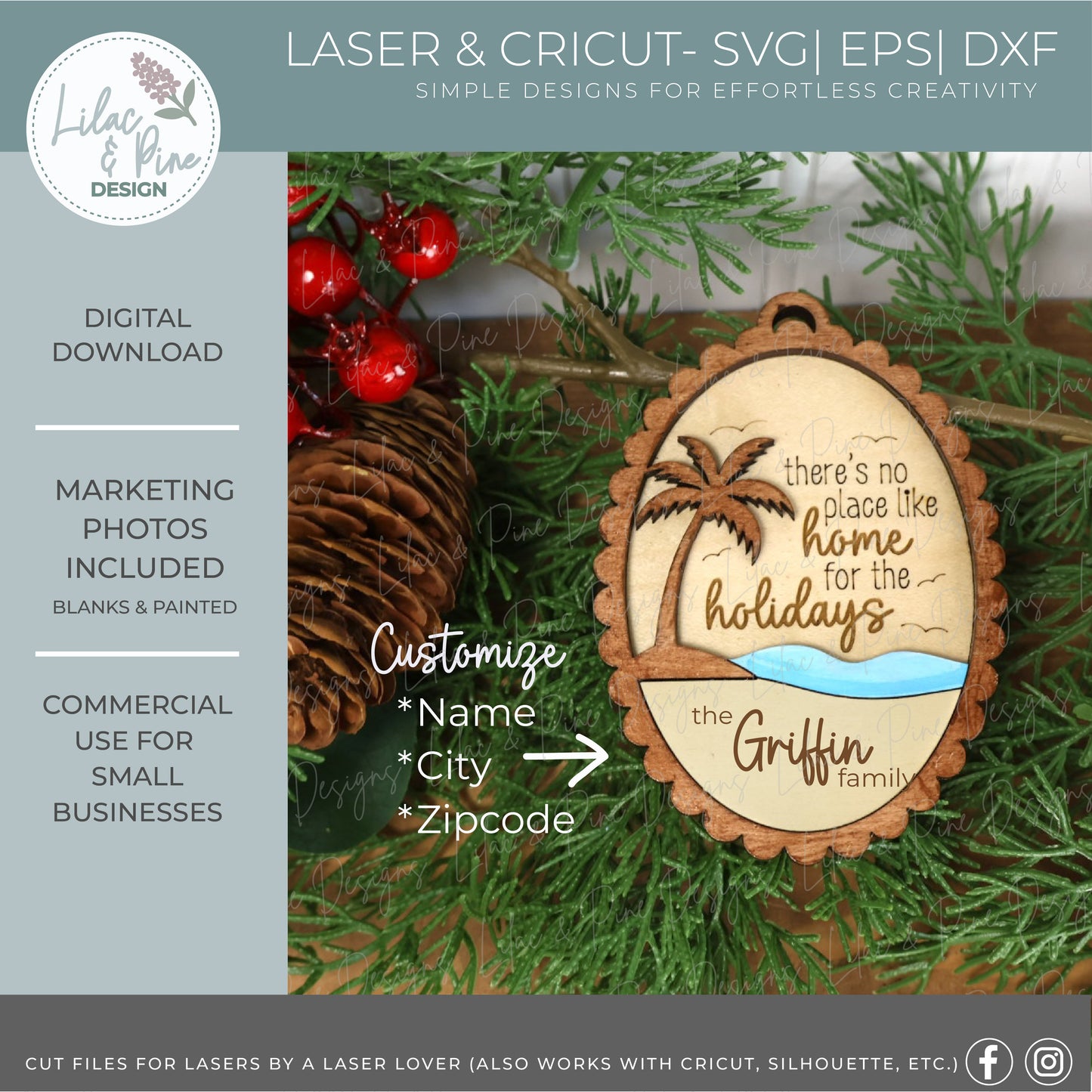 Beach Christmas Ornament SVG – "Home for the Holidays” Oval Design - Customizable laser SVG