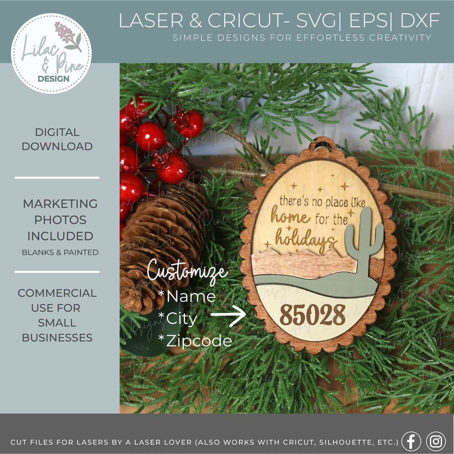 Desert Cactus Christmas Ornament SVG – Home for the Holidays laser cut file - Modern Scalloped Oval SVG - Customizable Ornament