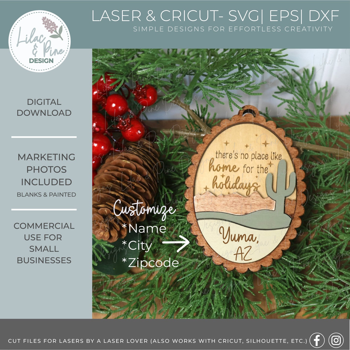 Desert Cactus Christmas Ornament SVG – Home for the Holidays laser cut file - Modern Scalloped Oval SVG - Customizable Ornament