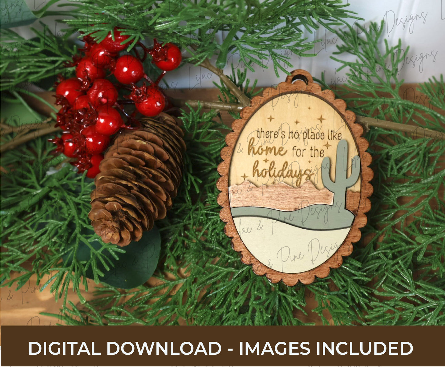 Desert Cactus Christmas Ornament SVG – Home for the Holidays laser cut file - Modern Scalloped Oval SVG - Customizable Ornament