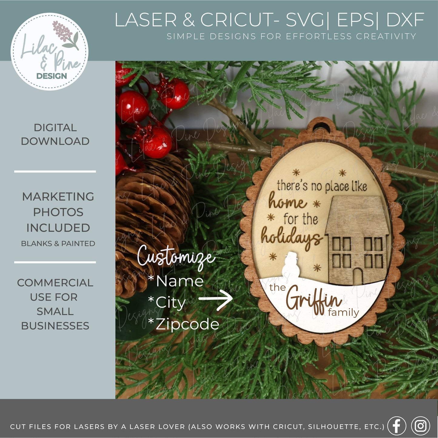 Snowy House Ornament bundle SVG – Home for the Holidays Christmas design - oval, scalloped oval and arch customizable ornaments - laser cut file for personalization