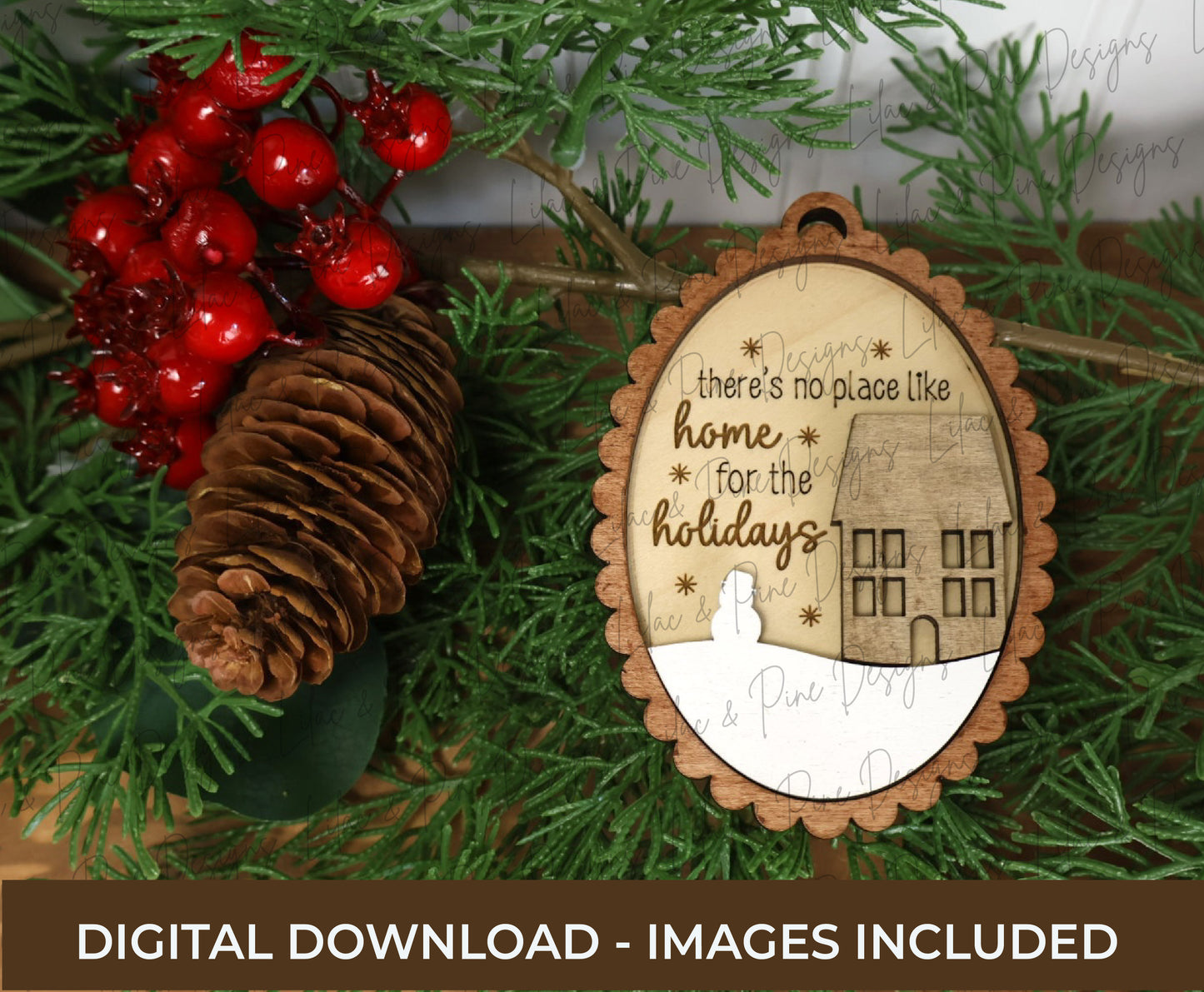 Snowy House Ornament SVG – Home for the Holidays Scalloped oval design - customizable ornament - laser cut file