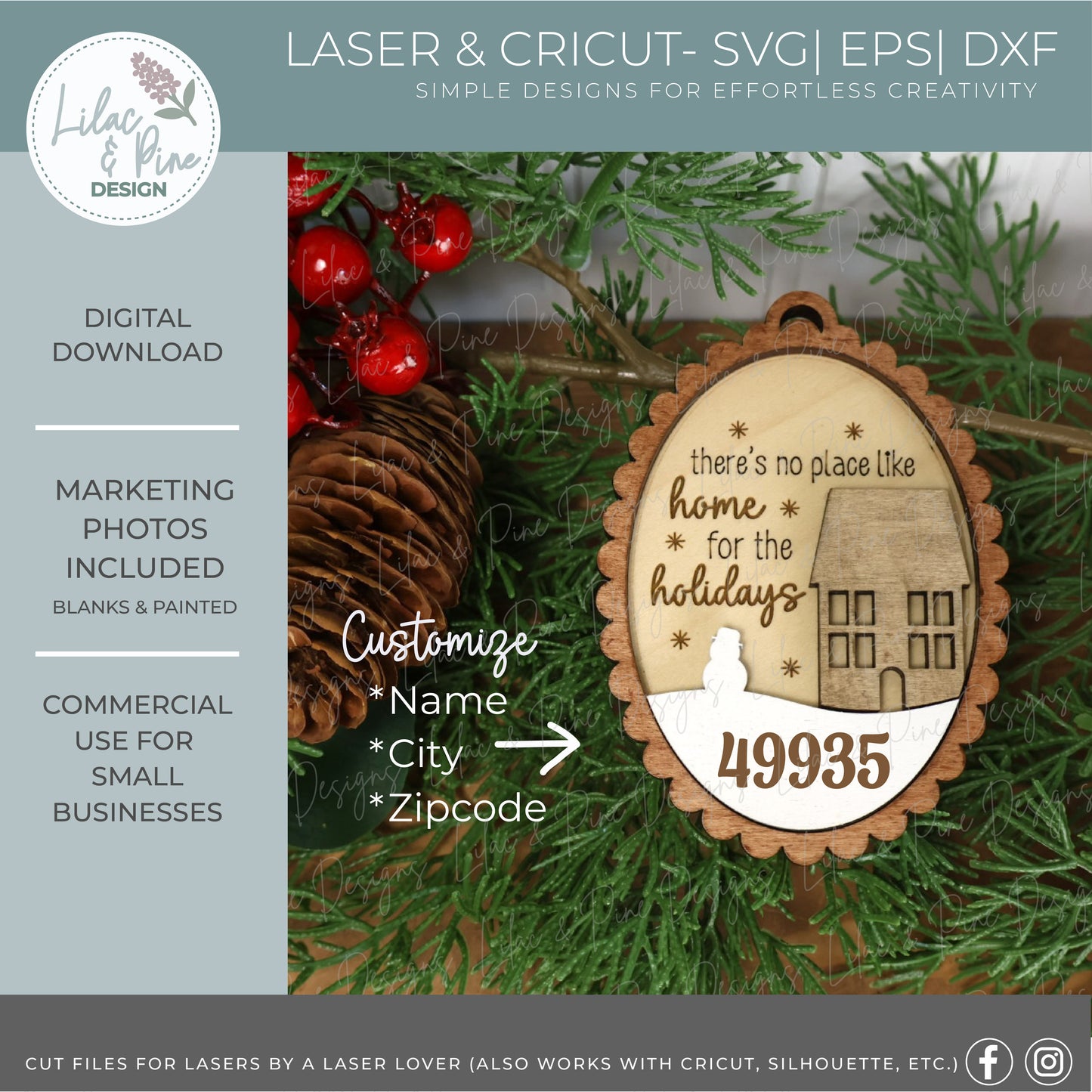 Snowy House Ornament SVG – Home for the Holidays Scalloped oval design - customizable ornament - laser cut file